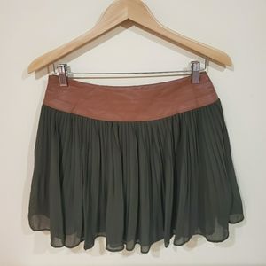 Army Green Accoridian Pleat Mini Faux Leather Skir